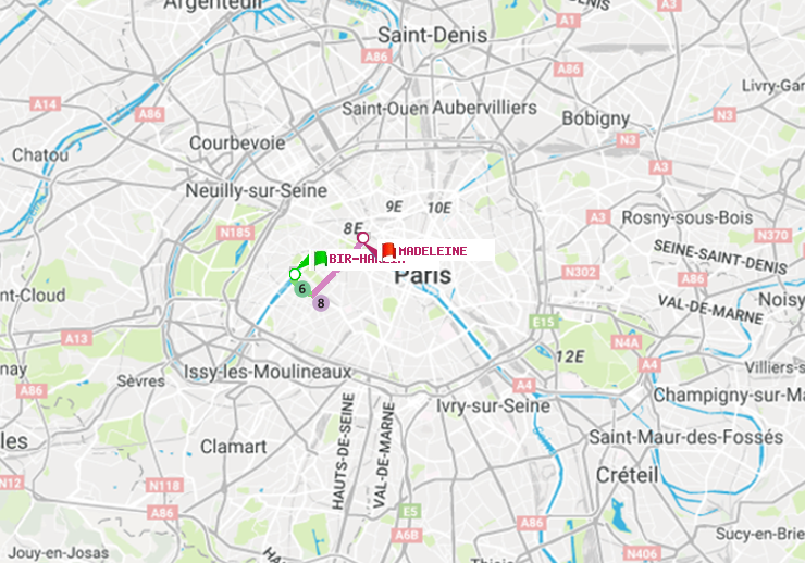 plan itinéraire ratp de Bir-Hakeim (Grenelle) à Madeleine