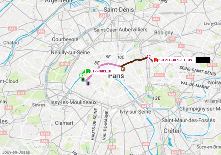 plan itinéraire ratp de Bir-Hakeim (Grenelle) à Mairie des Lilas