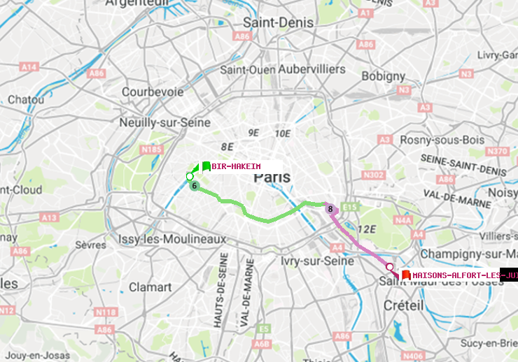 plan itinéraire ratp de Bir-Hakeim (Grenelle) à Maisons-Alfort-Les Juilliottes