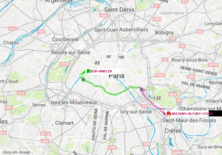 plan itinéraire ratp de Bir-Hakeim (Grenelle) à Maisons-Alfort-Stade