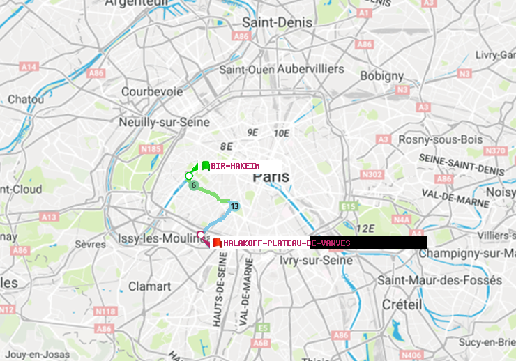 plan itinéraire ratp de Bir-Hakeim (Grenelle) à Malakoff-Plateau de Vanves