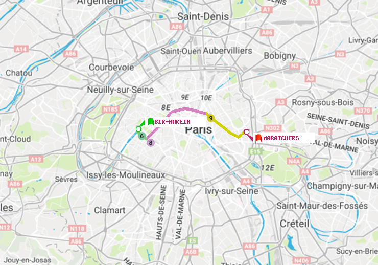 plan itinéraire ratp de Bir-Hakeim (Grenelle) à Maraichers