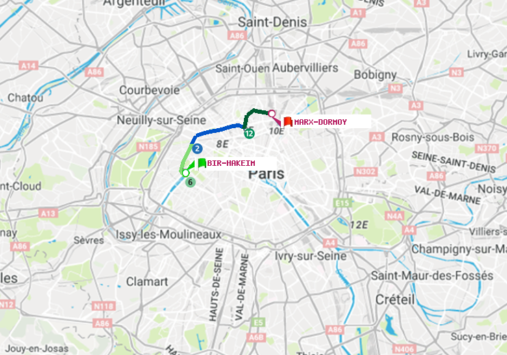 plan itinéraire ratp de Bir-Hakeim (Grenelle) à Marx-Dormoy