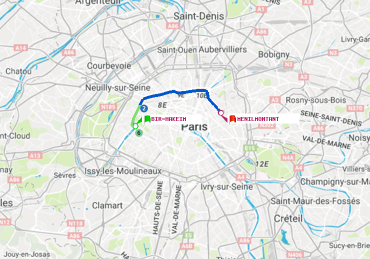 plan itinéraire ratp de Bir-Hakeim (Grenelle) à Ménilmontant