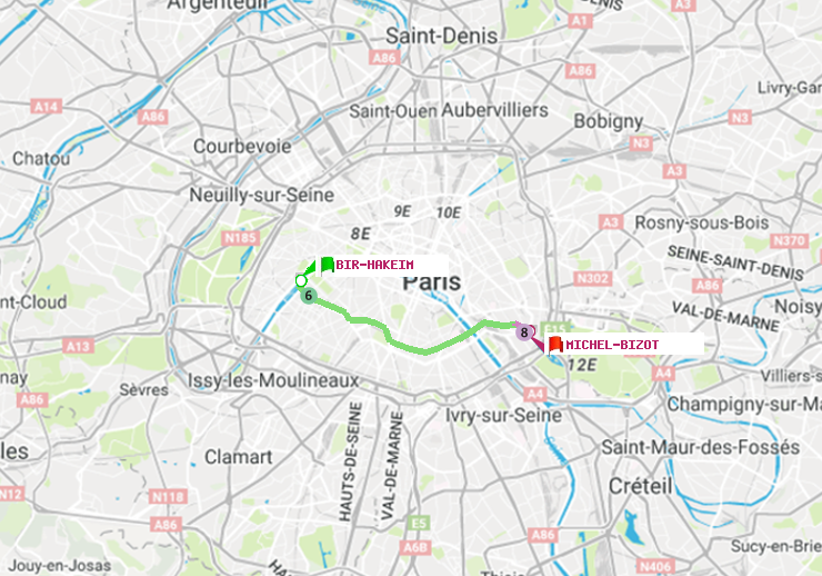 plan itinéraire ratp de Bir-Hakeim (Grenelle) à Michel Bizot