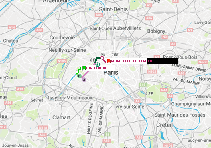 plan itinéraire ratp de Bir-Hakeim (Grenelle) à Notre-Dame de Lorette