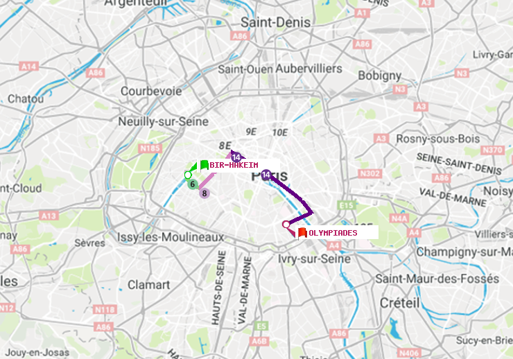 plan itinéraire ratp de Bir-Hakeim (Grenelle) à Olympiades