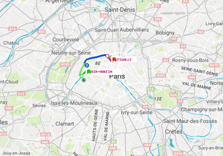 plan itinéraire ratp de Bir-Hakeim (Grenelle) à Pigalle
