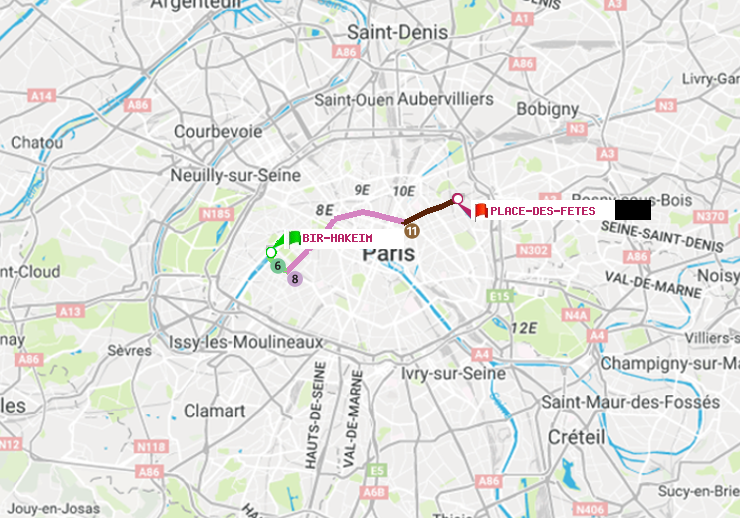 plan itinéraire ratp de Bir-Hakeim (Grenelle) à Place des Fêtes