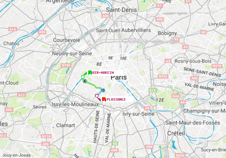 plan itinéraire ratp de Bir-Hakeim (Grenelle) à Plaisance
