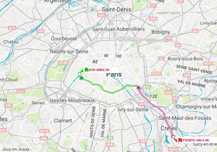 plan itinéraire ratp de Bir-Hakeim (Grenelle) à Pointe du Lac