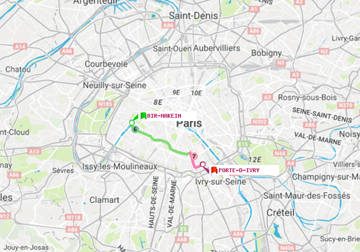 plan itinéraire ratp de Bir-Hakeim (Grenelle) à Porte d