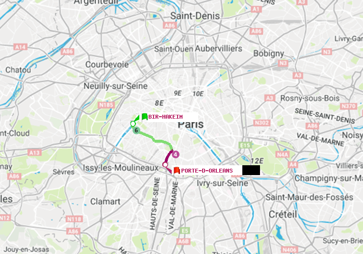 plan itinéraire ratp de Bir-Hakeim (Grenelle) à Porte d