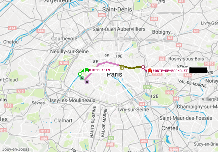 plan itinéraire ratp de Bir-Hakeim (Grenelle) à Porte de Bagnolet