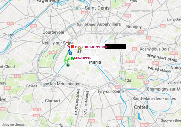 plan itinéraire ratp de Bir-Hakeim (Grenelle) à Porte de Champerret