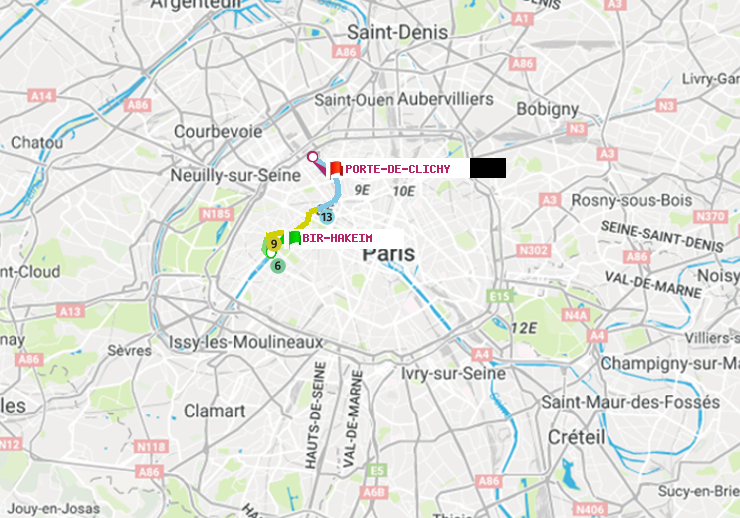 plan itinéraire ratp de Bir-Hakeim (Grenelle) à Porte de Clichy