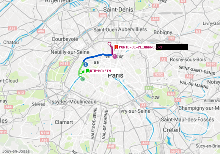 plan itinéraire ratp de Bir-Hakeim (Grenelle) à Porte de Clignancourt