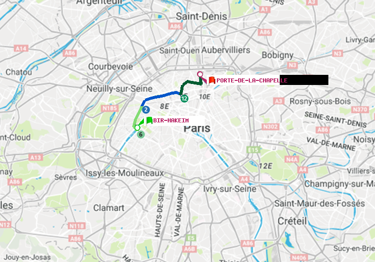 plan itinéraire ratp de Bir-Hakeim (Grenelle) à Porte de la Chapelle