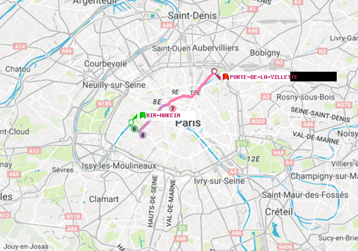 plan itinéraire ratp de Bir-Hakeim (Grenelle) à Porte de la Villette