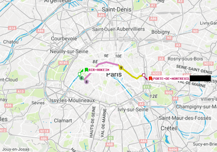 plan itinéraire ratp de Bir-Hakeim (Grenelle) à Porte de Montreuil