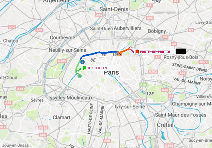 plan itinéraire ratp de Bir-Hakeim (Grenelle) à Porte de Pantin