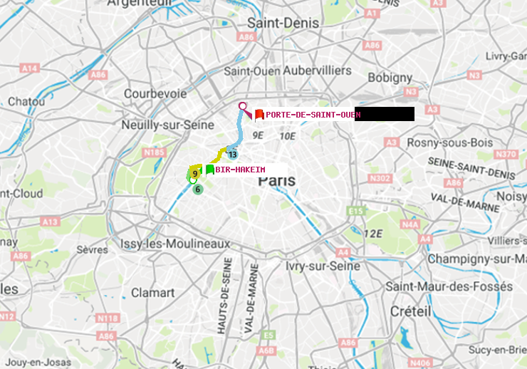 plan itinéraire ratp de Bir-Hakeim (Grenelle) à Porte de Saint-Ouen