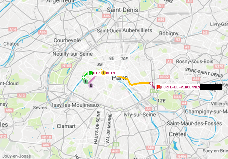 plan itinéraire ratp de Bir-Hakeim (Grenelle) à Porte de Vincennes