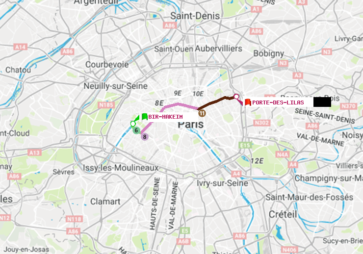 plan itinéraire ratp de Bir-Hakeim (Grenelle) à Porte des Lilas