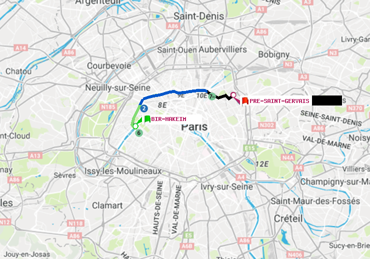 plan itinéraire ratp de Bir-Hakeim (Grenelle) à Pré-Saint-Gervais