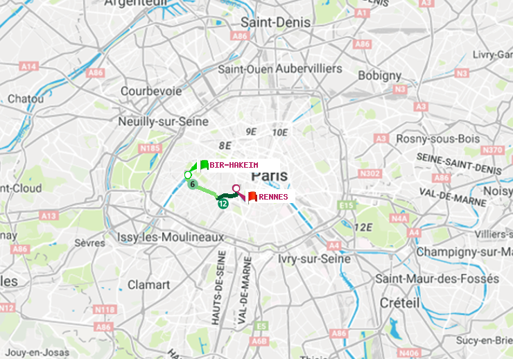 plan itinéraire ratp de Bir-Hakeim (Grenelle) à Rennes