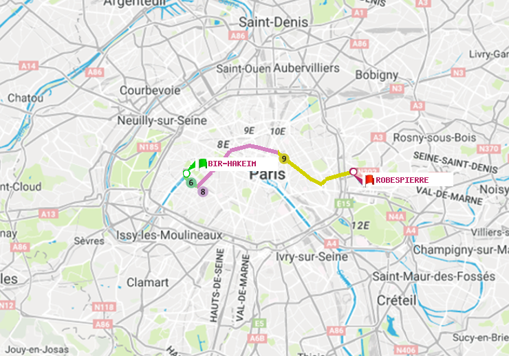 plan itinéraire ratp de Bir-Hakeim (Grenelle) à Robespierre