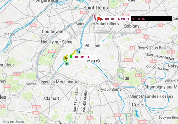plan itinéraire ratp de Bir-Hakeim (Grenelle) à Saint-Denis-Porte de Paris