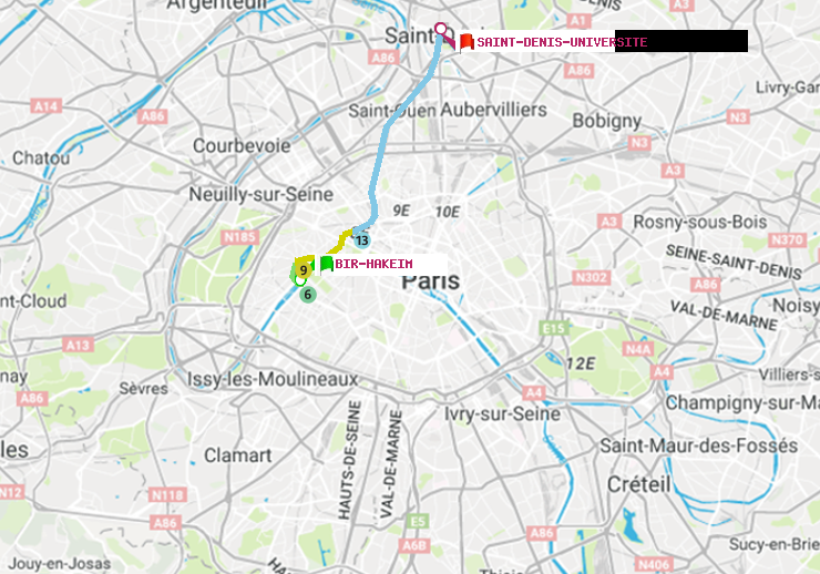 plan itinéraire ratp de Bir-Hakeim (Grenelle) à Saint-Denis-Universite