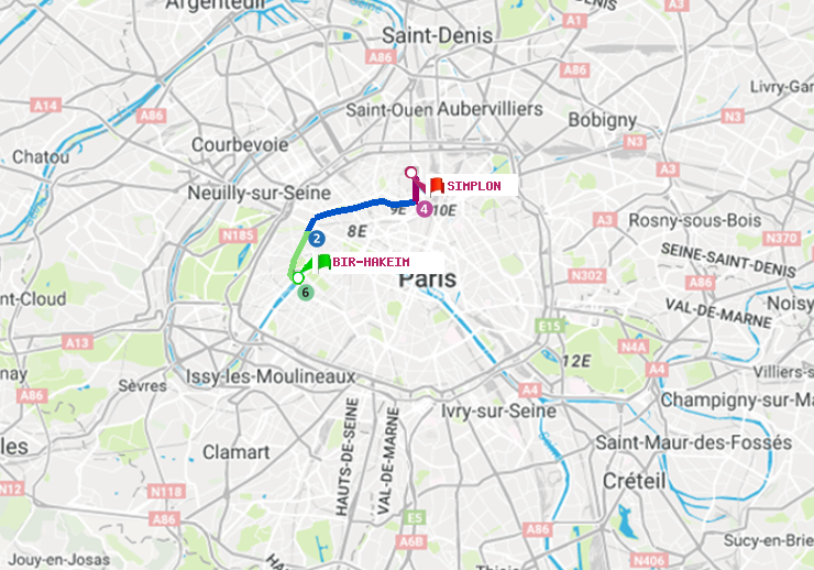 plan itinéraire ratp de Bir-Hakeim (Grenelle) à Simplon
