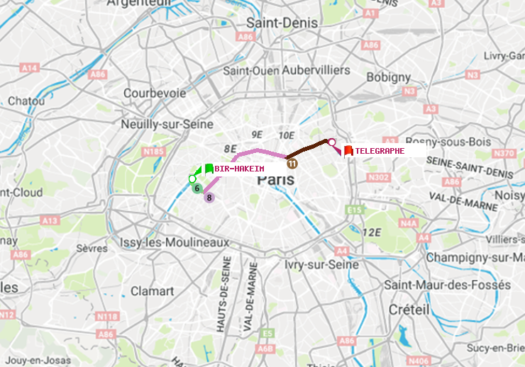 plan itinéraire ratp de Bir-Hakeim (Grenelle) à Telegraphe