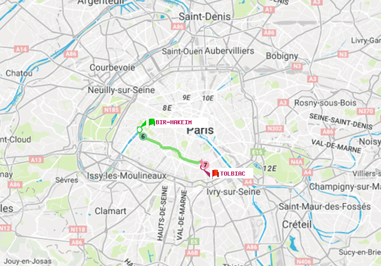 plan itinéraire ratp de Bir-Hakeim (Grenelle) à Tolbiac