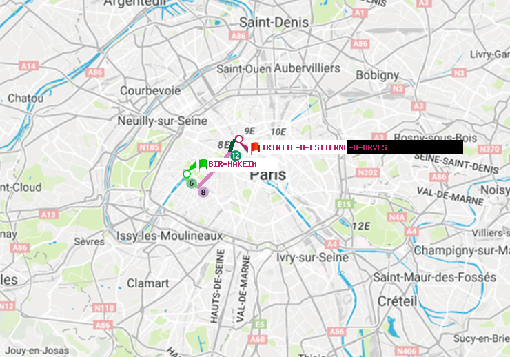 plan itinéraire ratp de Bir-Hakeim (Grenelle) à Trinité-d