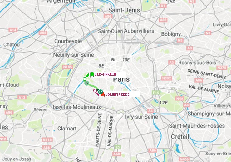 plan itinéraire ratp de Bir-Hakeim (Grenelle) à Volontaires