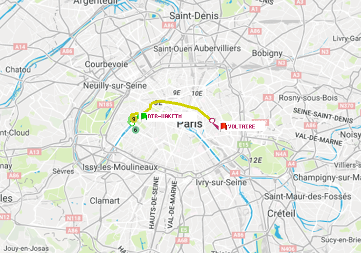 plan itinéraire ratp de Bir-Hakeim (Grenelle) à Voltaire (Léon Blum)