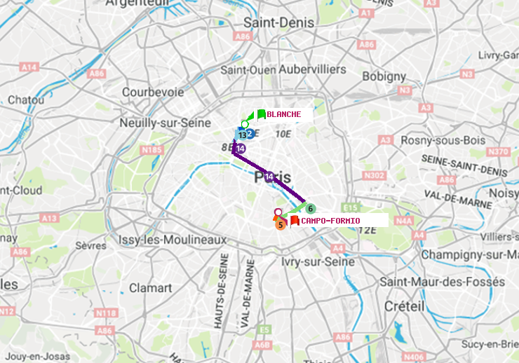 plan itinéraire ratp de Blanche à Campo-Formio