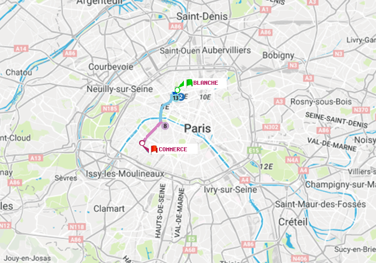 plan itinéraire ratp de Blanche à Commerce