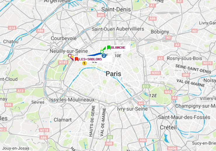 plan itinéraire ratp de Blanche à Les Sablons (Jardin d