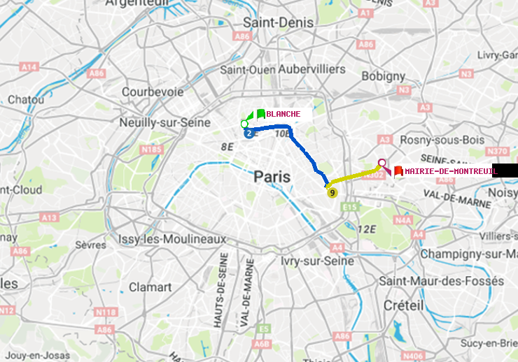 plan itinéraire ratp de Blanche à Mairie de Montreuil