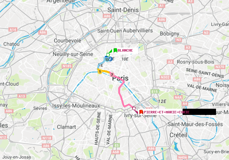 plan itinéraire ratp de Blanche à Pierre et Marie Curie