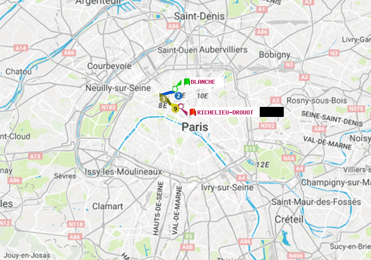 plan itinéraire ratp de Blanche à Richelieu-Drouot