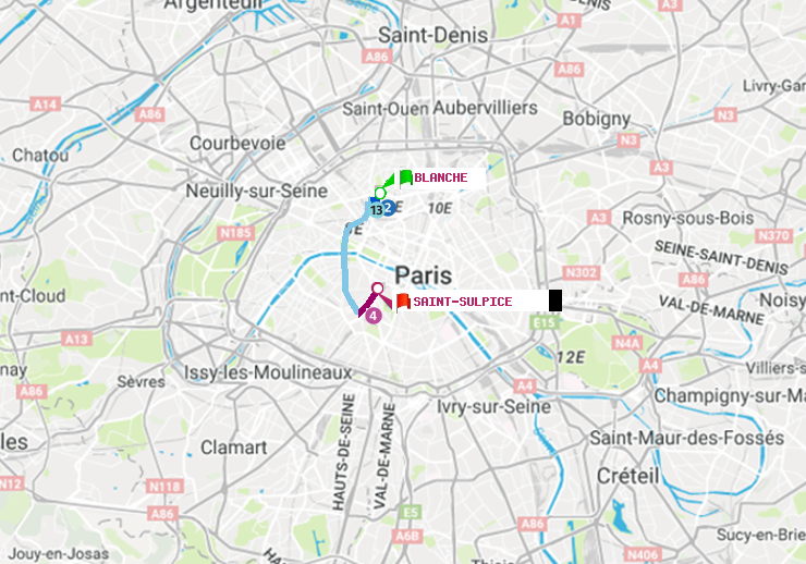 plan itinéraire ratp de Blanche à Saint-Sulpice