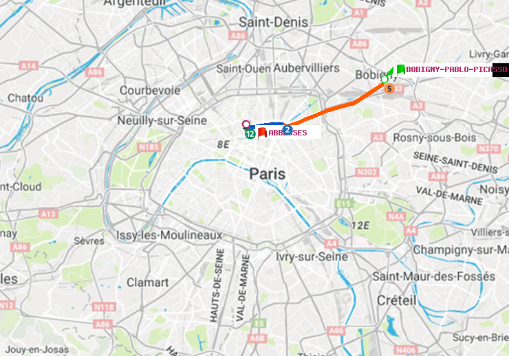 plan itinéraire ratp de Bobigny-Pablo-Picasso à Abbesses