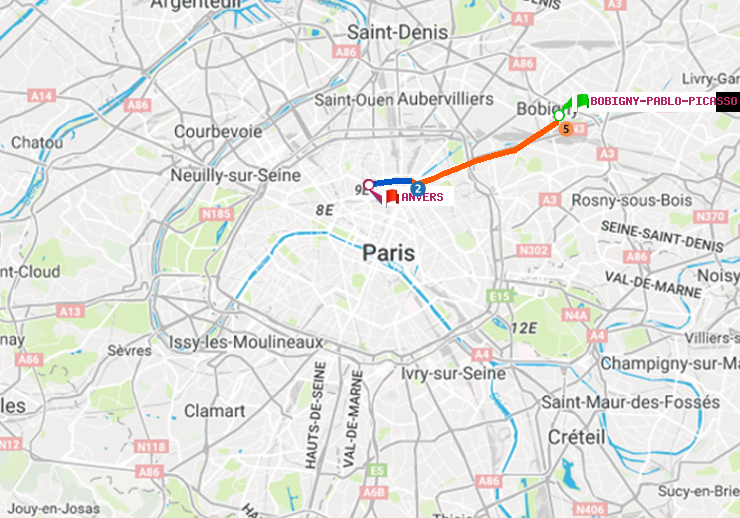 plan itinéraire ratp de Bobigny-Pablo-Picasso à Anvers