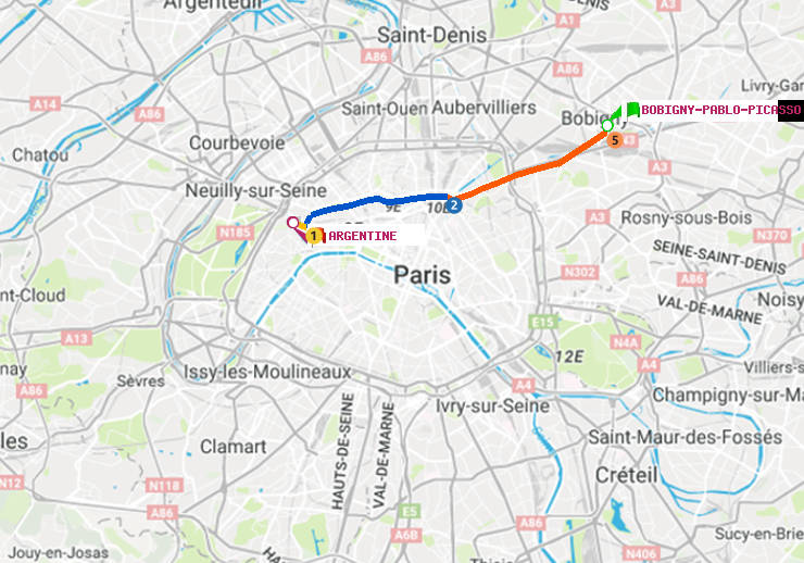 plan itinéraire ratp de Bobigny-Pablo-Picasso à Argentine