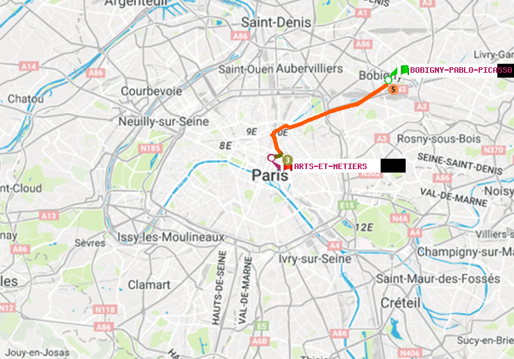 plan itinéraire ratp de Bobigny-Pablo-Picasso à Arts-et-Métiers